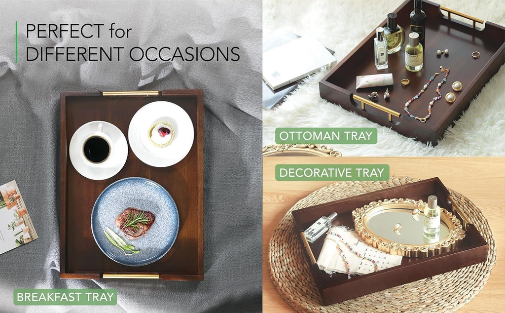 Joy&Grace Acacia Wooden Serving Tray with Metal Handles 16.7 x 12.8 inch Decorative Ottoman Tray for Living Room Coffee Table Large (Color Brown)