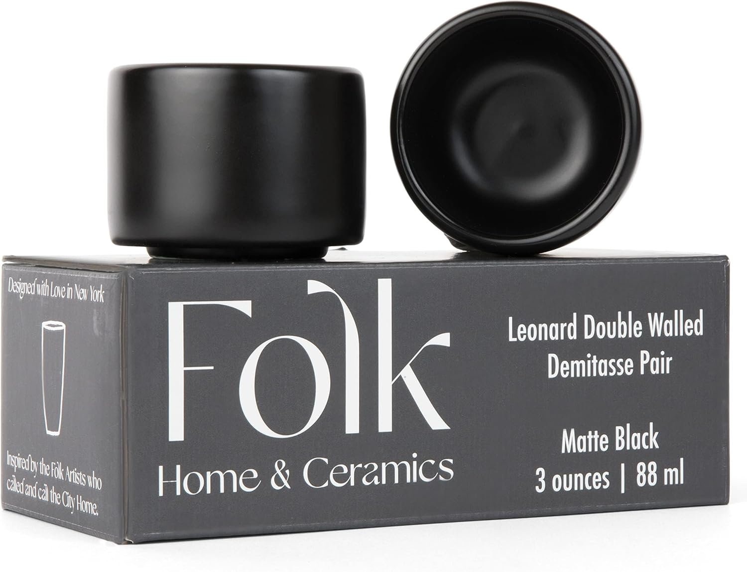 Folk Ceramics Leonard Ceramic Espresso Cups | Modern Stackable Demitasse Mugs for Espresso | Thick Walled, Handleless, Durable, Dishwasher & Microwave Safe | Set of 2, 3oz | Matte Black