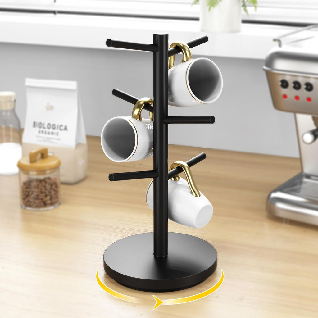 Wisuce Coffee Mug Holder Tree Upgraded 360Rotated Cup Holder for Counter Black Wood Cup Tree Mug Rack Organizer Stand with 6 Hooks for Kitchen Coffee Bar Accessories