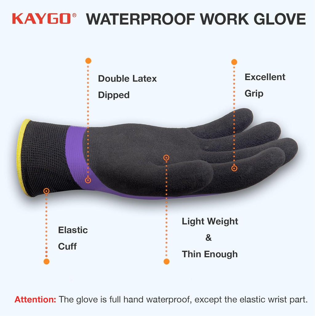 KAYGO Waterproof Work Gloves for Men and Women, Rubber Coated Non-slip Working Gloves for Garden, Outdoor Construction,KG150,Purple,S