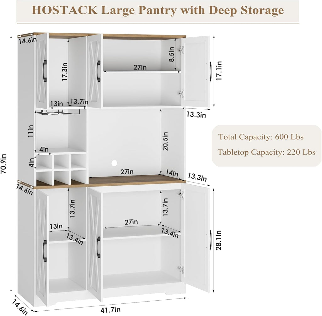 HOSTACK Kitchen Pantry Storage Cabinet, 71" Tall Food Pantry Cabinet with Microwave Stand, Farmhouse Kitchen Hutch, Coffee Bar Hutch with Wine Rack for Dining Room, Living Room, White