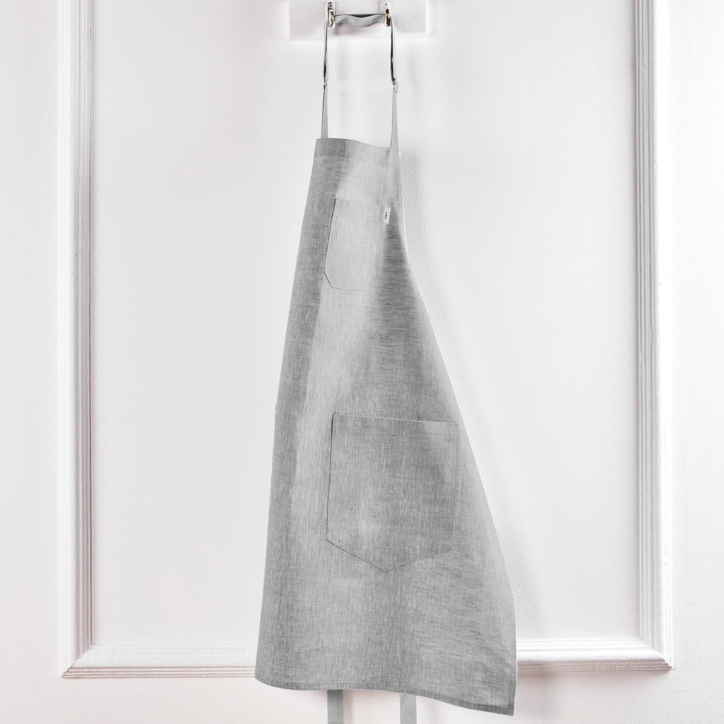 Solino Home Linen Bib Apron for Men & Women - Oyster Grey/Soft Grey Kitchen Apron with Front Pockets - Handcrafted from European Flax