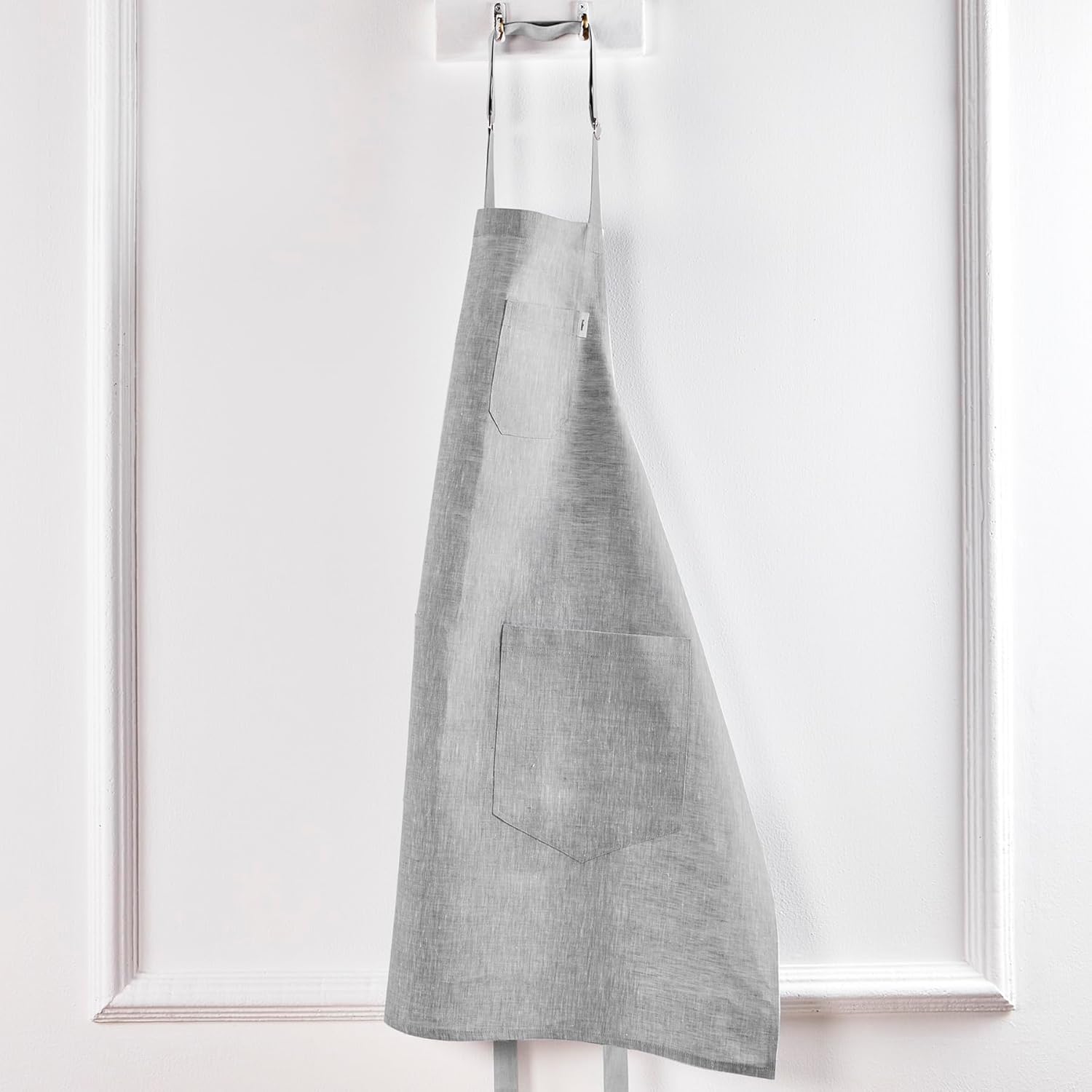 Solino Home Linen Bib Apron for Men & Women - Oyster Grey/Soft Grey Kitchen Apron with Front Pockets - Handcrafted from European Flax