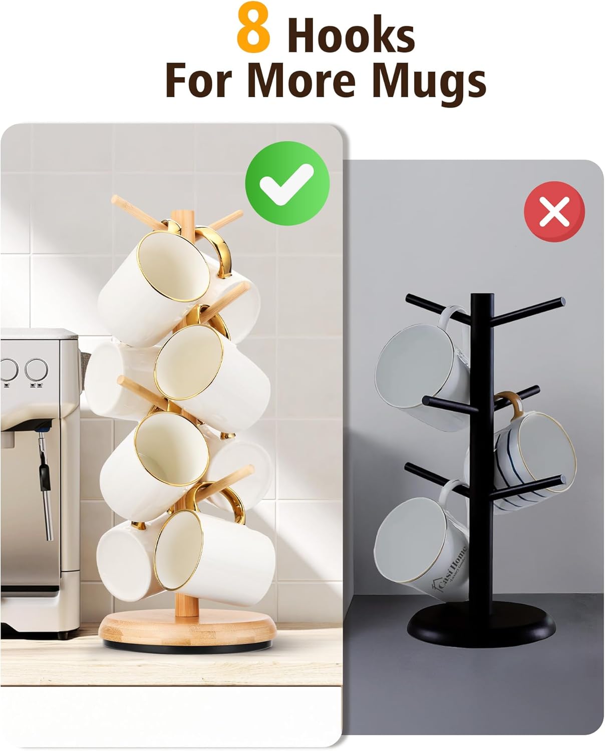 Lorbro Coffee Mug Tree, 360° Rotated Mug Holder with 8 Hooks, Wooden Coffee Cup Holder, Upgraded Mug Rack for Countertop, Coffee Mug Organizer Storage Stand, Coffee Bar Accessories & Kitchen Decor
