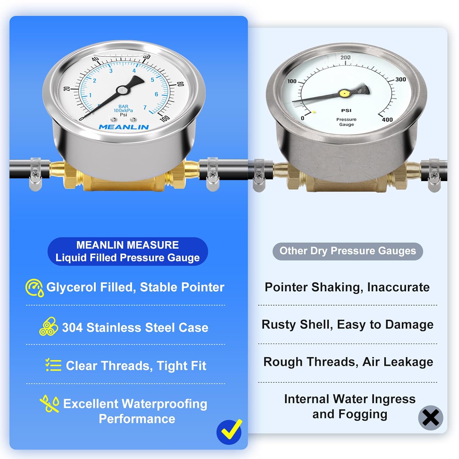 MEANLIN MEASURE 0-100Psi Stainless Steel Liquid Filled Pressure Gauge 1/4" NPT 2.5" FACE DIAL, with 1/4" 5/16" Barbed, WOG Water Oil Air (9Pieces KIT, Back Mount)