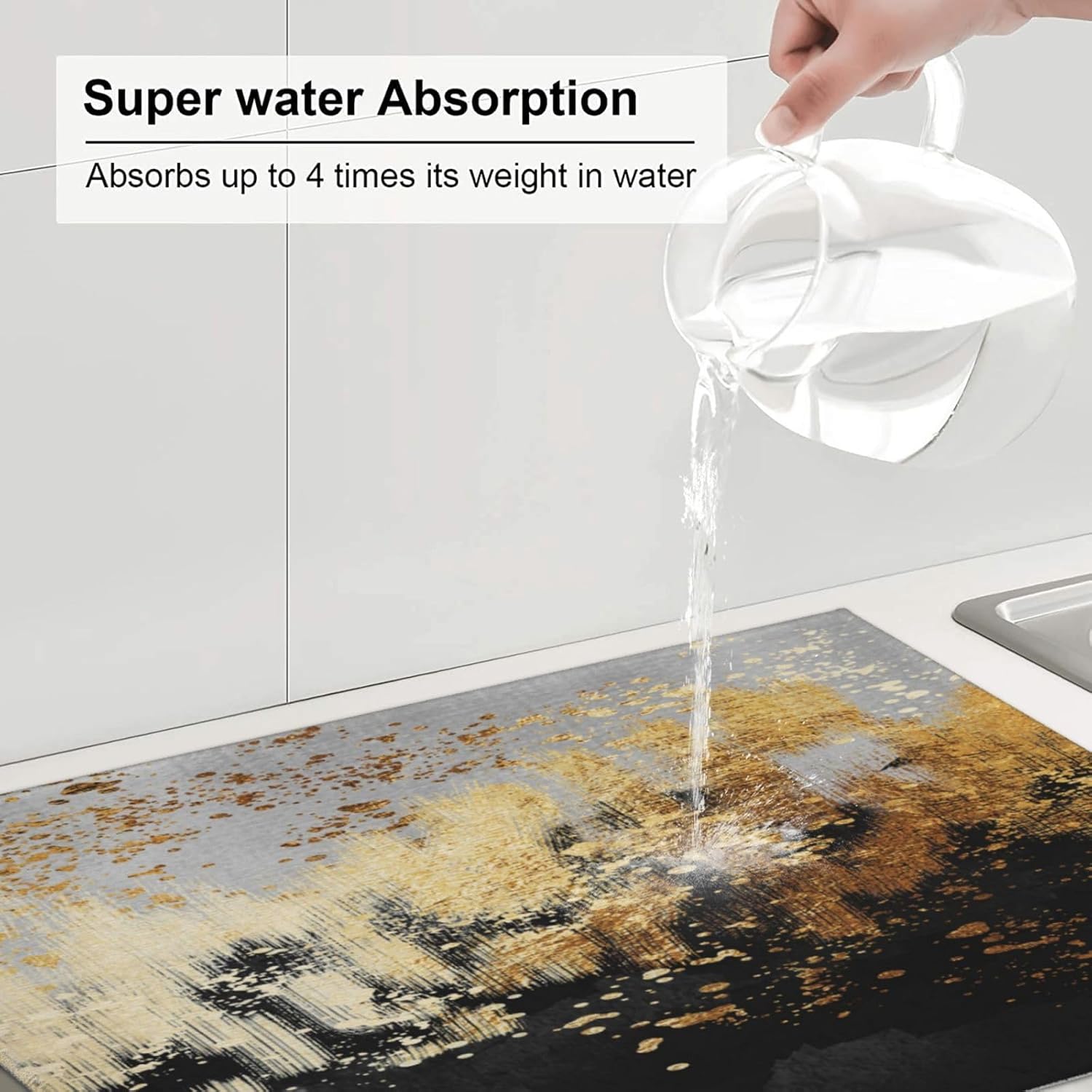 Black Gold Art Splash Dish Drying Mat for Kitchen Counter, Absorbent Microfiber Abstract Modern Drying Pad, Luxury Decorative Foldable Kitchen Mat for Sink & Coffee Bar, Black Home Decor, 18 x 24 inch
