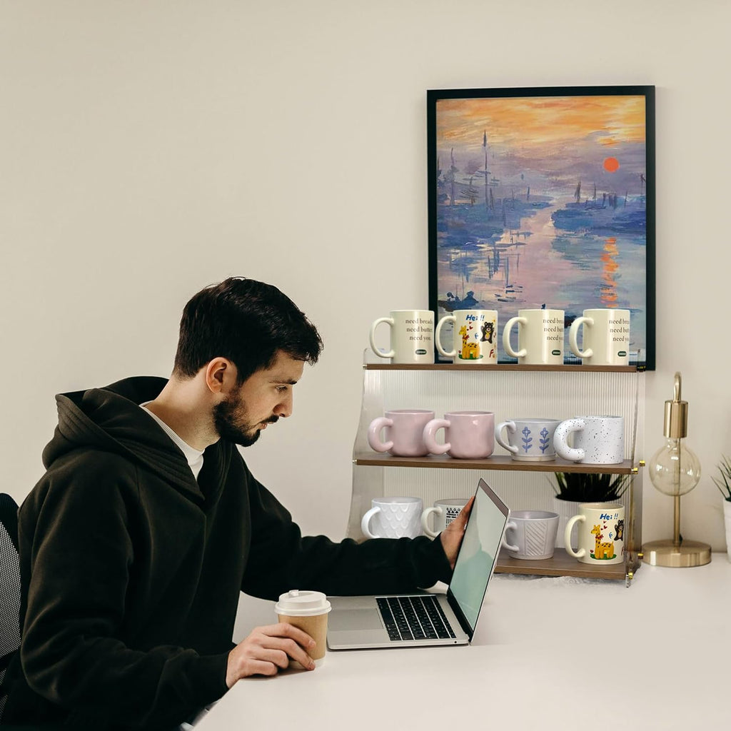 Coffee Mug Holder Wooden Cup Station Organizer 3 Tier Cup Holder for Coffee Bar Mug Display Rack for Countertop Mug Holder Shelf for Home Kitchen Trapezium-Nutbrown