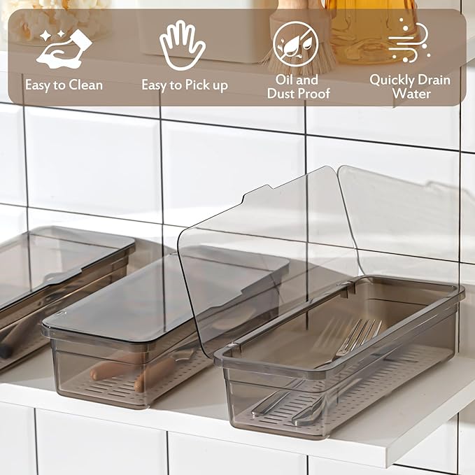 Remerry 6 Pcs Flatware Tray with Lid and Drainer, Plastic Utensil Organizer, Kitchen Cutlery Transparent Storage Box with Lid and Drain Rack, Drawer Tableware Storage Box for Home and Travel (Grey)