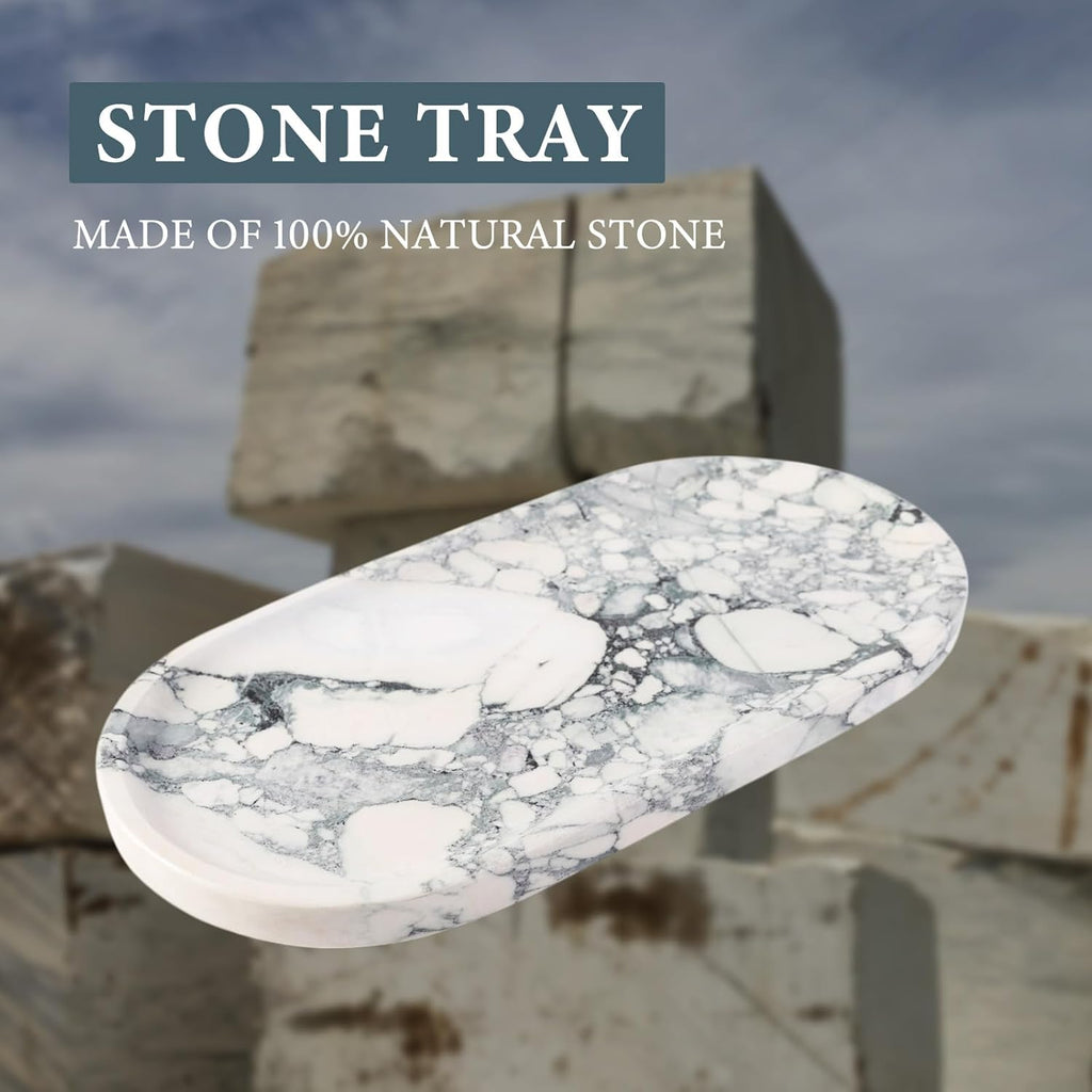 Koville Natural Marble Tray for Bathroom Countertop, Marble Vanity Trays for Perfume, Cosmetics, Jewelry, Decorative Tray for Dresser Organizer, Stone Storage Trays for Bathroom Decor(Grey)
