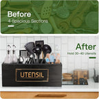 Utensil Holder Extra Large Utensil Organizer with 4 Compartments, Wooden Rustic Utensil Crocks for Kitchen Counter, Farmhouse Cooking Utensil Caddy Countertop Spatula Silverware Spoon Holder - Black