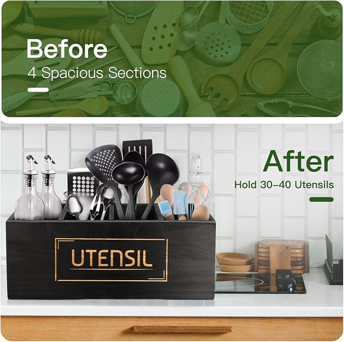 Utensil Holder Extra Large Utensil Organizer with 4 Compartments, Wooden Rustic Utensil Crocks for Kitchen Counter, Farmhouse Cooking Utensil Caddy Countertop Spatula Silverware Spoon Holder - Black