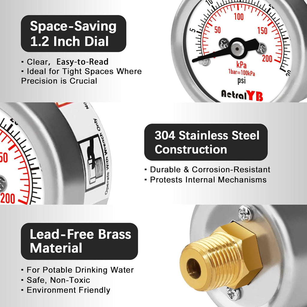 30Psi/200Kpa Mini Pressure Gauge,Stainless Steel Housing,Brass Internal,1.2 Inch Dial,NPT 1/8" Back Mount,Dry Type,Lead-Free Material, for Air,Water,Oil Pressure Test