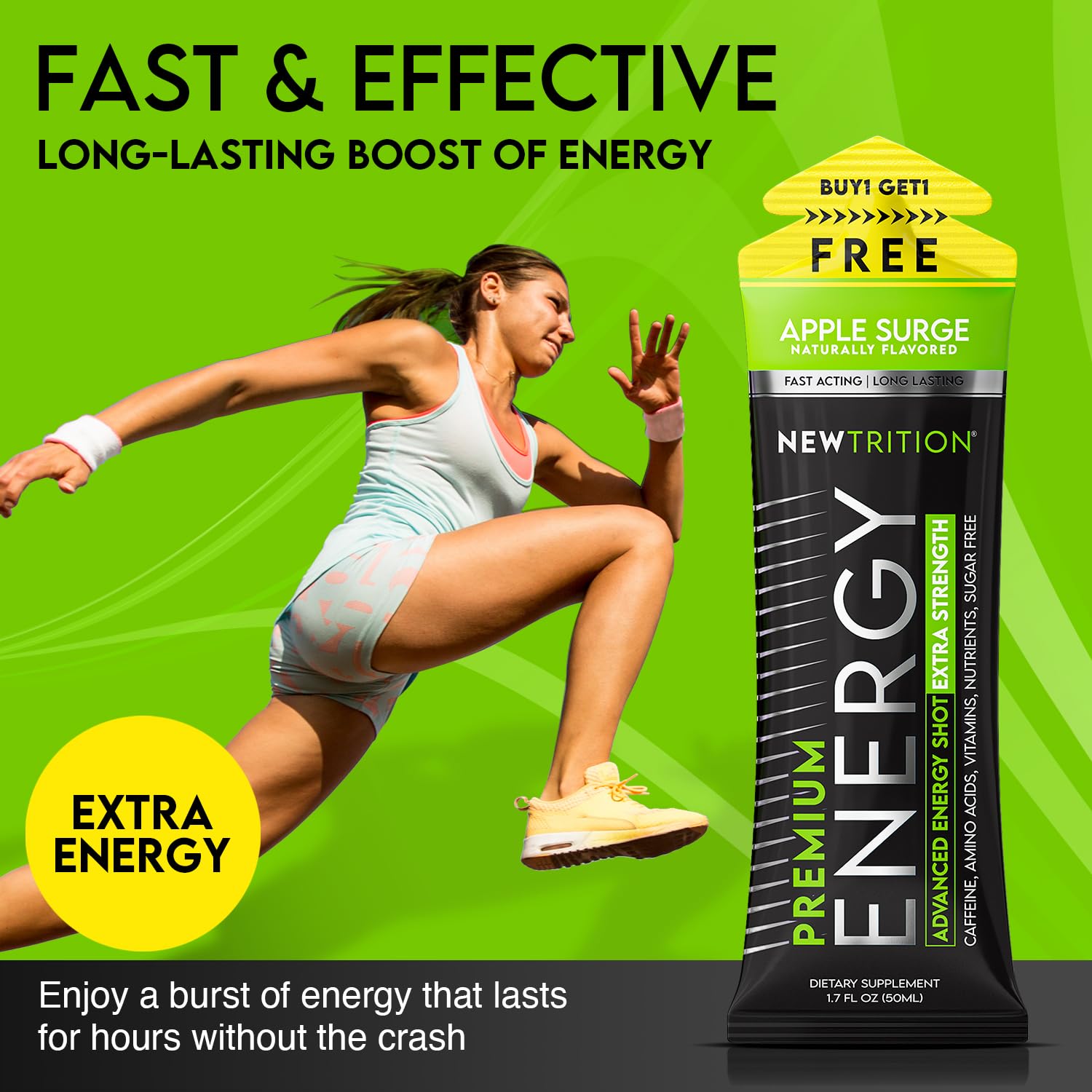 NewTrition® Extra Strength Energy Shots, 250mg Caffeine Energy Shots with Vitamin B & Amino Acids, Sugar-Free Vitamin Energy Shot, 1.7 fl oz (Pack of 24, Apple Surge)