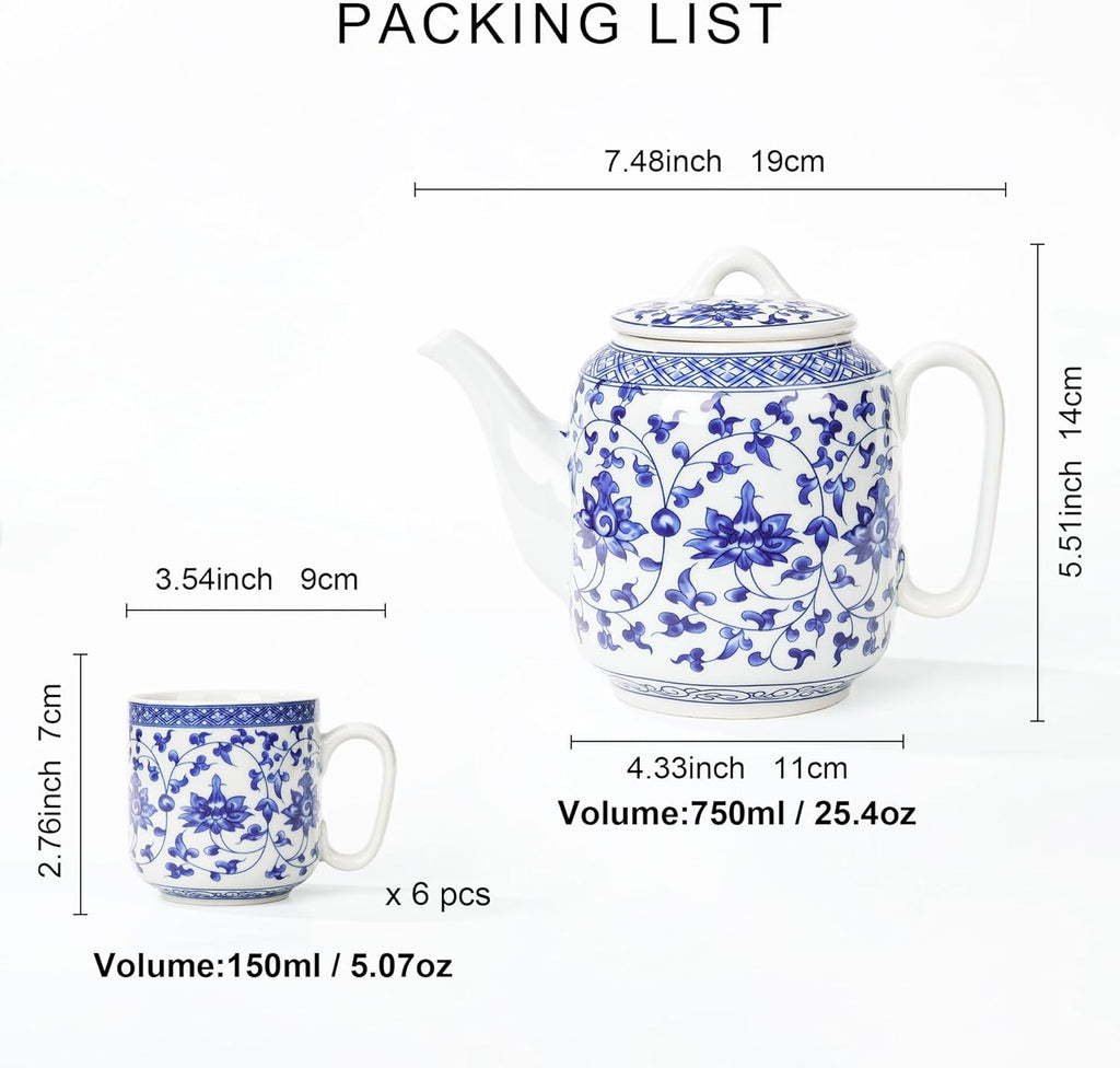 fanquare Chinese Blue and White Porcelain Teapot Set Traditional Kung Fu Tea Sets with 6 Cups for Loose Leaf Tea Adults