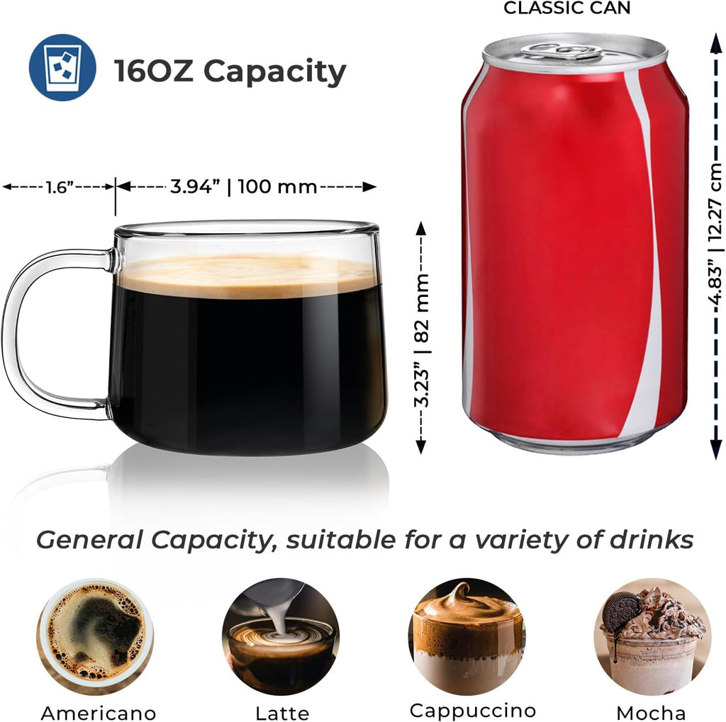 Aquach 16 oz Glass Coffee Mugs with Handle Set of 2 - Large Clear Glass Cups for Latte, Cappuccino, and Tea