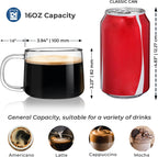 Aquach 16 oz Glass Coffee Mugs with Handle Set of 2 - Large Clear Glass Cups for Latte, Cappuccino, and Tea