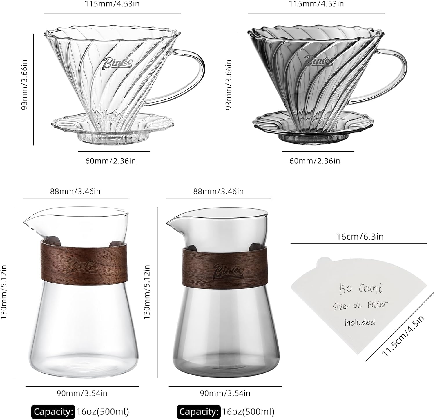 Bincoo Pour Over Coffee Dripper Set, Drip Coffee Maker, Included Borosilicate Glass Carafer and Coffee Dripper & 50 Pcs Size 02 Paper Filter, 16oz(500ml) (Smoky Gray Set)