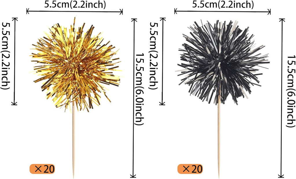 40 PCS Foil Firework Cupcake Toppers Sparkle Tinsel Cupcake Picks Fireworks Birthday Party Decorations Cocktail Fruit Toothpick for Birthday Wedding Graduation Party Decorations Supplies Black Gold