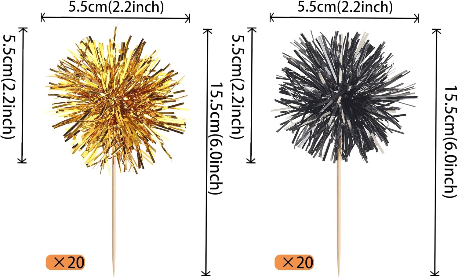 40 PCS Foil Firework Cupcake Toppers Sparkle Tinsel Cupcake Picks Fireworks Birthday Party Decorations Cocktail Fruit Toothpick for Birthday Wedding Graduation Party Decorations Supplies Black Gold