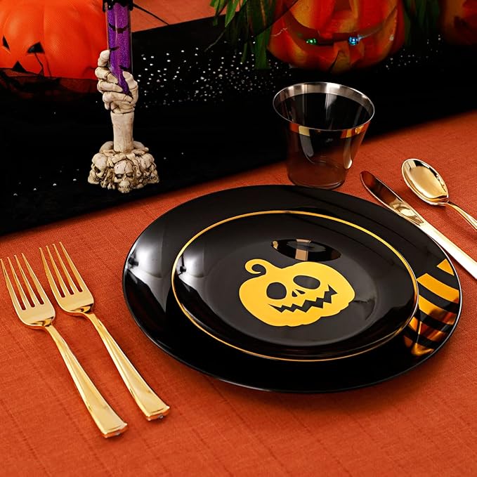 KIRE 25 Guest Halloween Plates Black Gold Plastic Plates Smiley Pumpkin include 50PCS Black &150PCS Gold Plastic Silverware&25PCS Clear Black Cups for Halloween Party