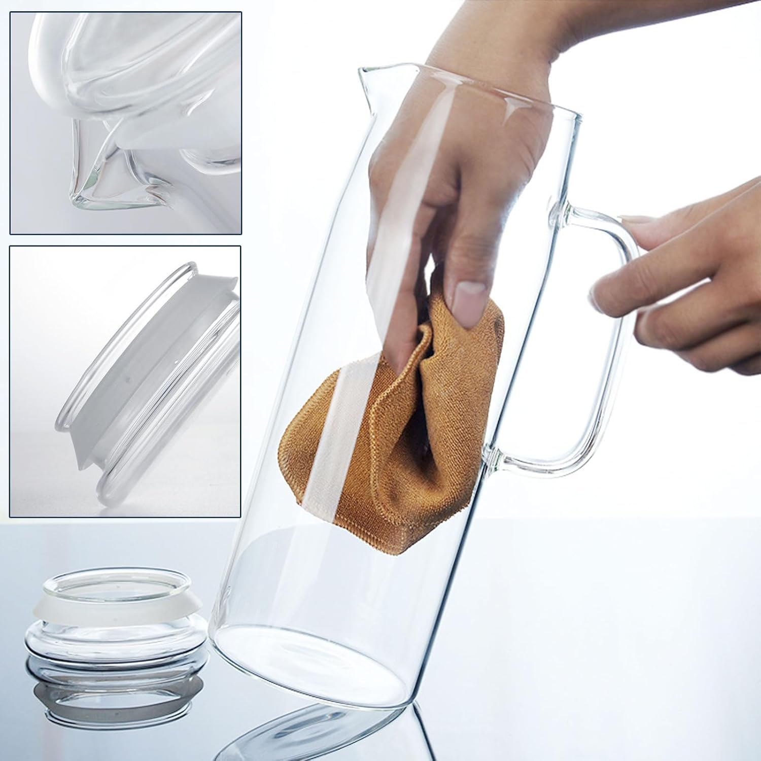 hjn Glass Water Pitcher with Lid Glass Carafe with Handle, Fridge Water Jug for Cold or Hot Beverages,Iced Tea,Milk,Juice 1500ml/51oz & glass lid