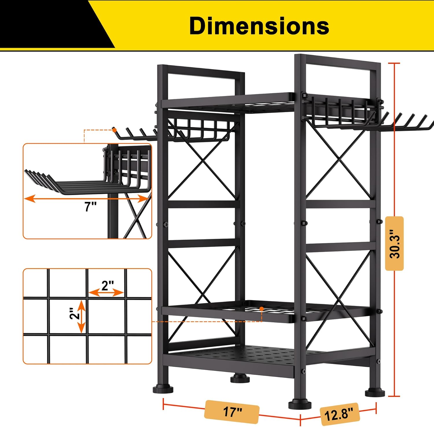 GIOTORENT 3 Tier Metal Garden Tool Organizer - Heavy Duty Yard Storage for Up to 78 Tools, Indoor/Outdoor Garage Patio Shed Organization - Black