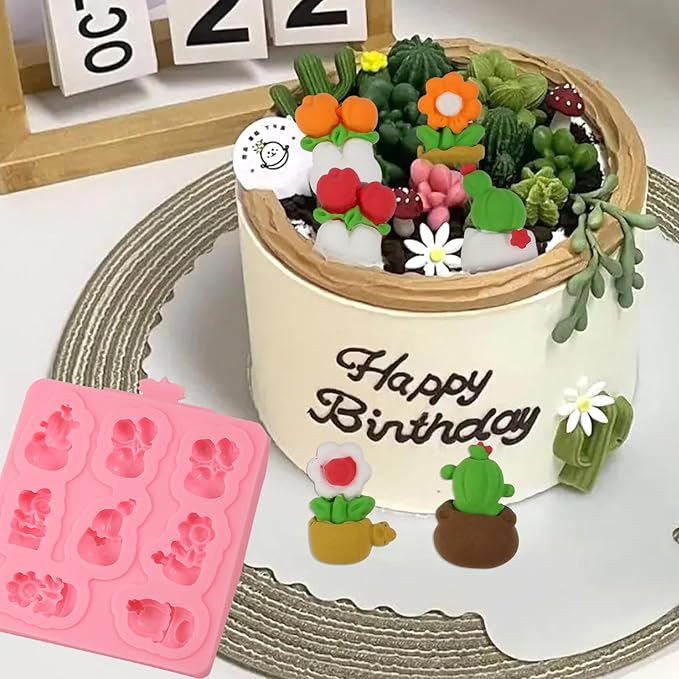 1 Pcs Mini Cactus Silicone Mold, Cartoon Flower Plant Potted Fondant Mold for Cupcake Topping Candy Chocolate Biscuit Chewing Gum Resin Clay Resin Reusable Kitchen Baking Supplies