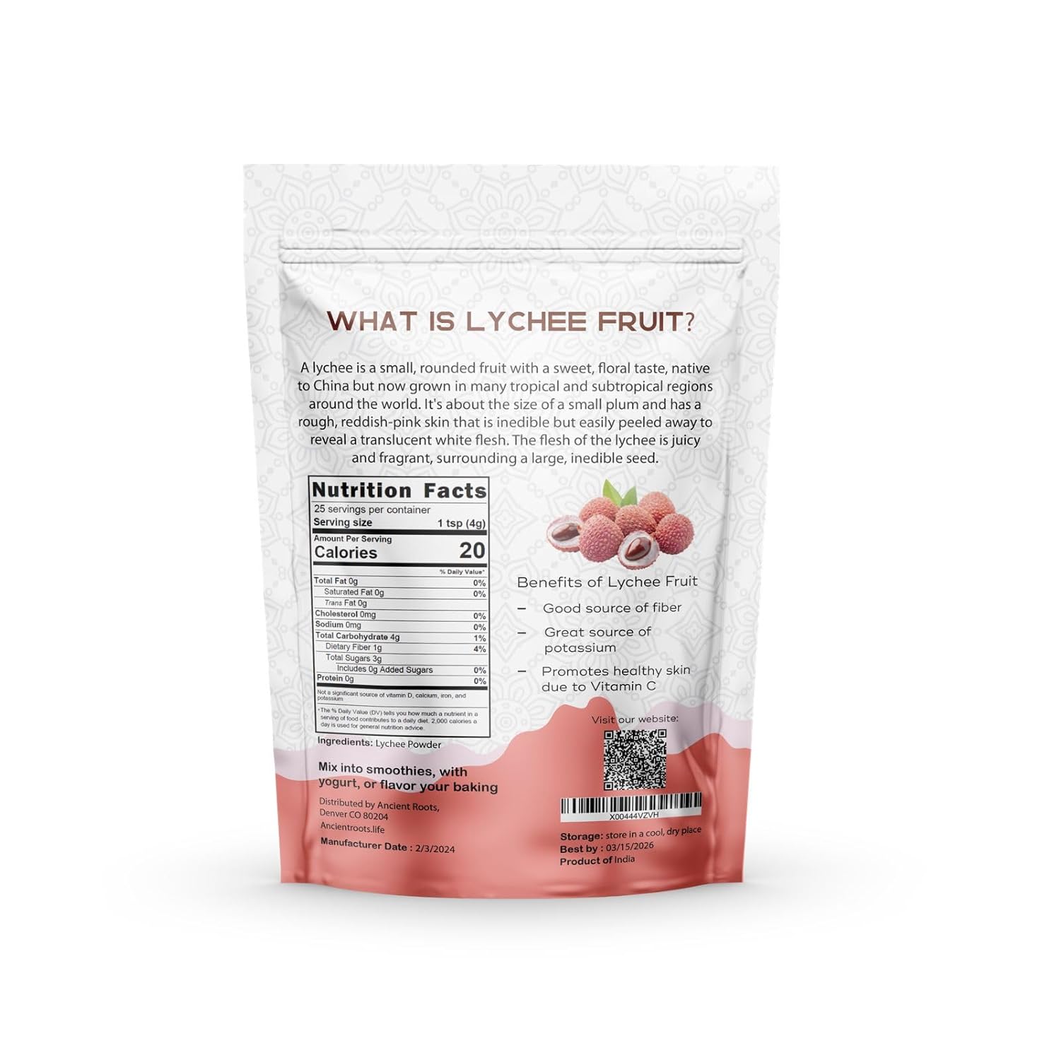 Ancient Roots Freeze-Dried Lychee Fruit Powder – 100% Organic, All-Natural Food Coloring, Rich in Antioxidants, No Added Sugar or Preservatives, 25 Servings (3.5 oz)