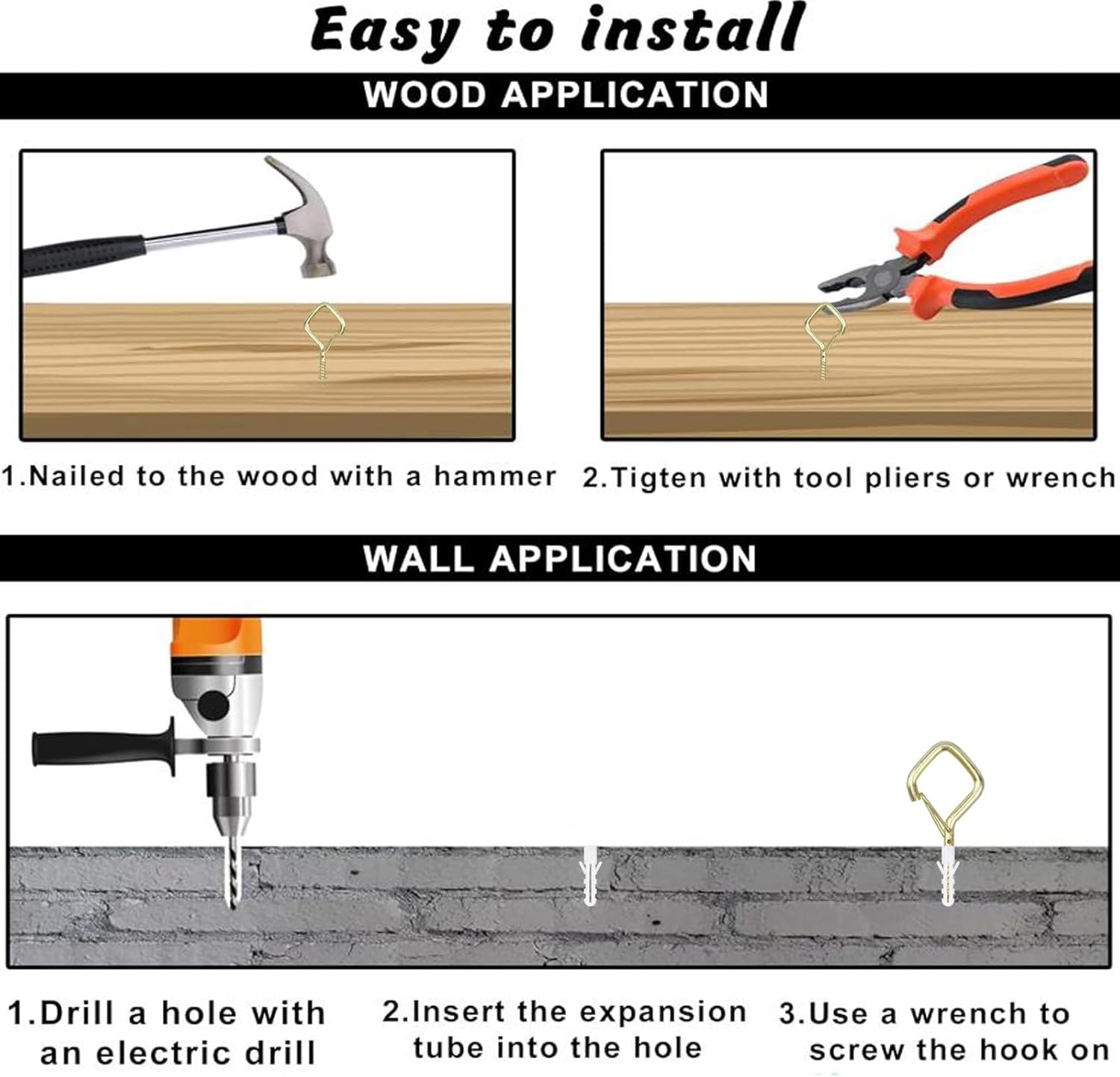 100 PCS Gold Eye Screw Hooks for Hanging Heavy Duty with Safety Buckle.Metal Ceiling Hooks for Hanging Plants Cup Wind Chime Bird Feeders Patio Lights at Indoor&Outdoor