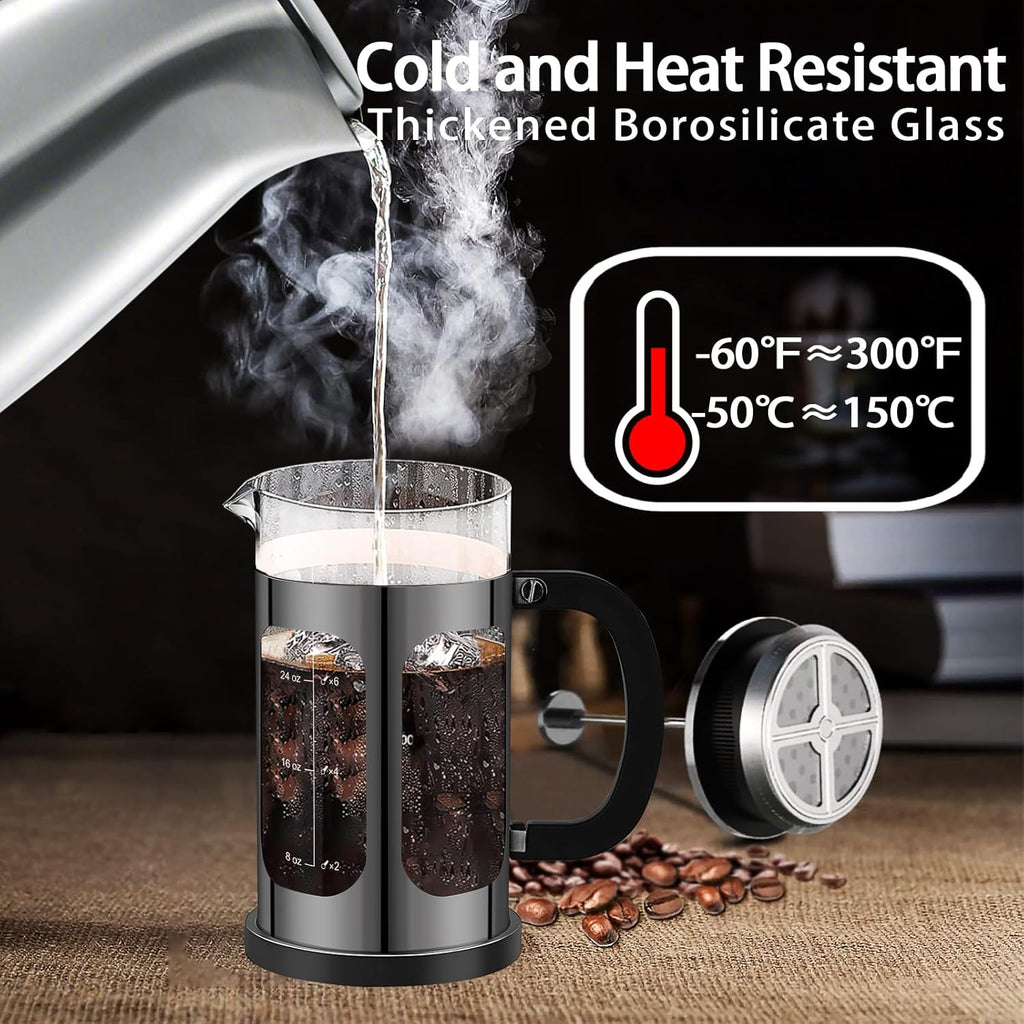 French Press Coffee Maker (34oz 1Quart 5-6Cup) Coffee Press, with 4 Filters System, Heat Resistant Thickness Borosilicate Glass, Cold Brew Coffee Tea Pot Gifts (Bright Black)