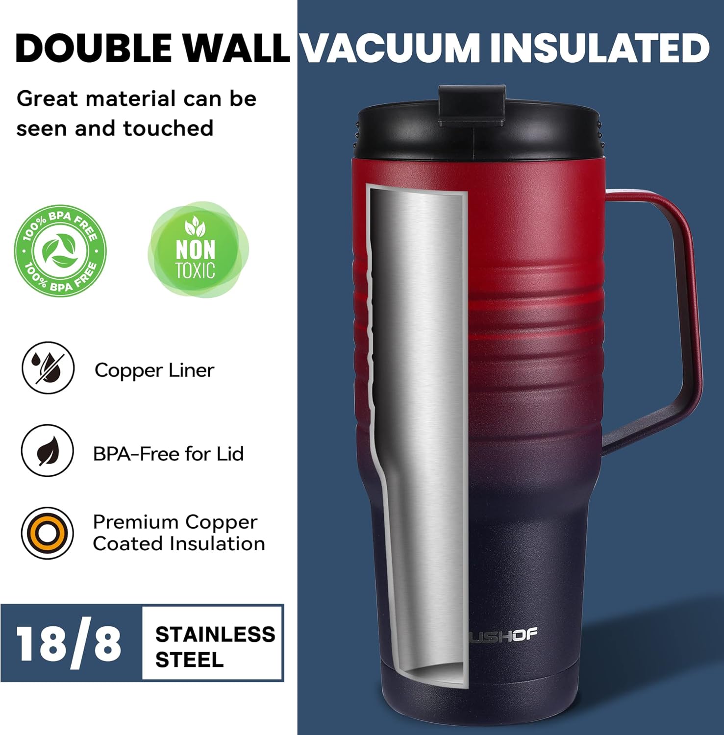 HAUSHOF 24 oz Travel Mug with Handle, Stainless Steel Vacuum Insulated Coffee Travel Mug, Double Wall Travel Mugs with Leakproof Lid, BPA Free