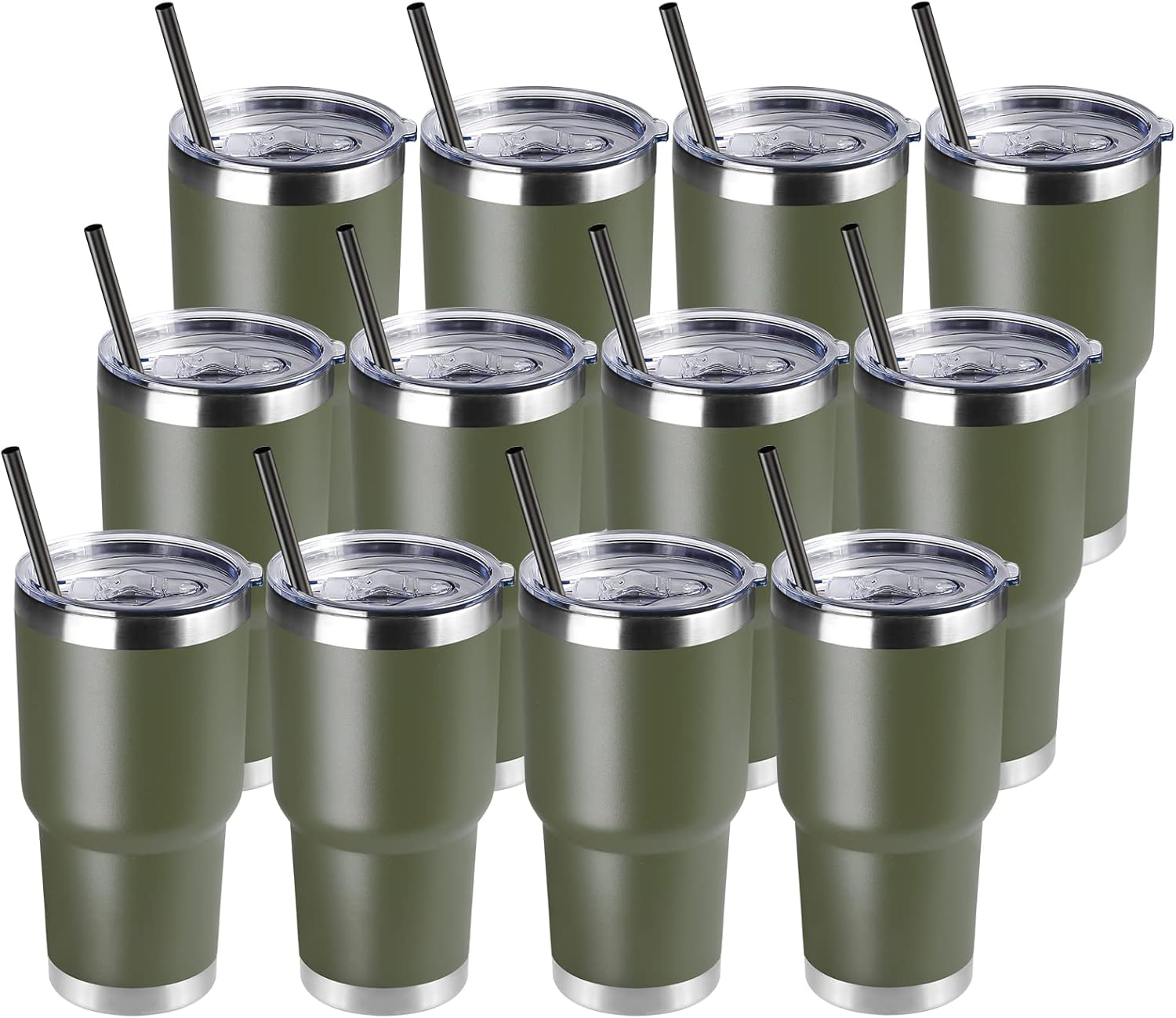 DOMICARE 30 oz Tumbler with Lid and Straw, Stainless Steel Tumblers Bulk, Insulated Vacuum Double Wall Travel Coffee Mug, Durable Powder Coated Tumbler Cups (Army Green, 12)
