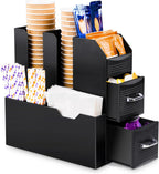 SZQINJI Coffee Condiment Organizer 11-Compartment Breakroom Coffee Station Organizer Countertop Cup Storage with 2 Drawers Black