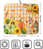 Autumn Maple Leaf Orange White Check Plaids Dish Drying Mat for Kitchen Counter,Fall Sunflower Pumpkin Drying Mat 16 x 18 Inch with Absorbent Reversible Microfiber Dish Drying Pad for Coffee Bar