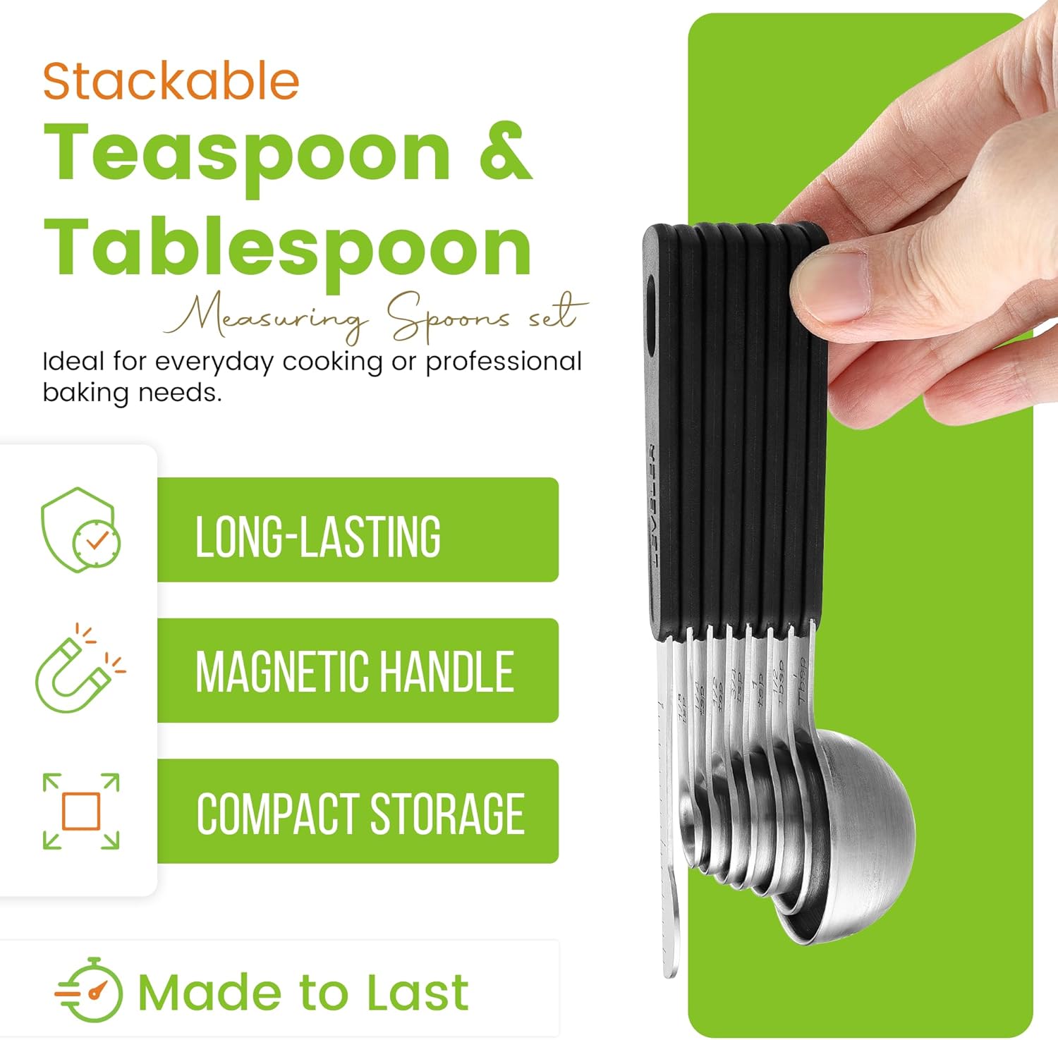 Spring Chef Stainless Steel Magnetic Measuring Spoons Set of 8 with Leveler, Round Metal Teaspoon & Tablespoon Measuring Spoons - Kitchen Gadgets For Baking and Cooking