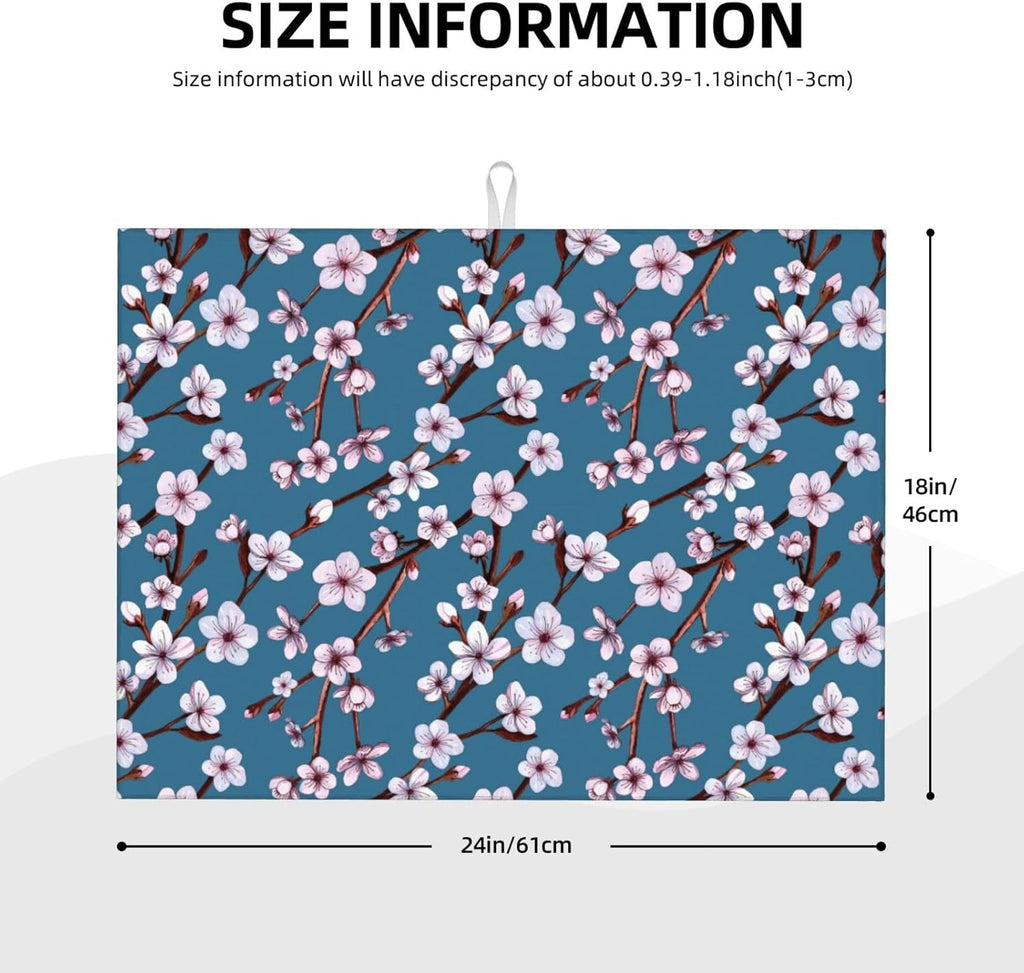 Cherry Blossom Dish Drying Mat, Branch Floral Microfiber Absorbent Drying Mats Reversible Kitchen Countertop Protector Dishes Drainer Rack Pad 18x24 Inch (Blue)