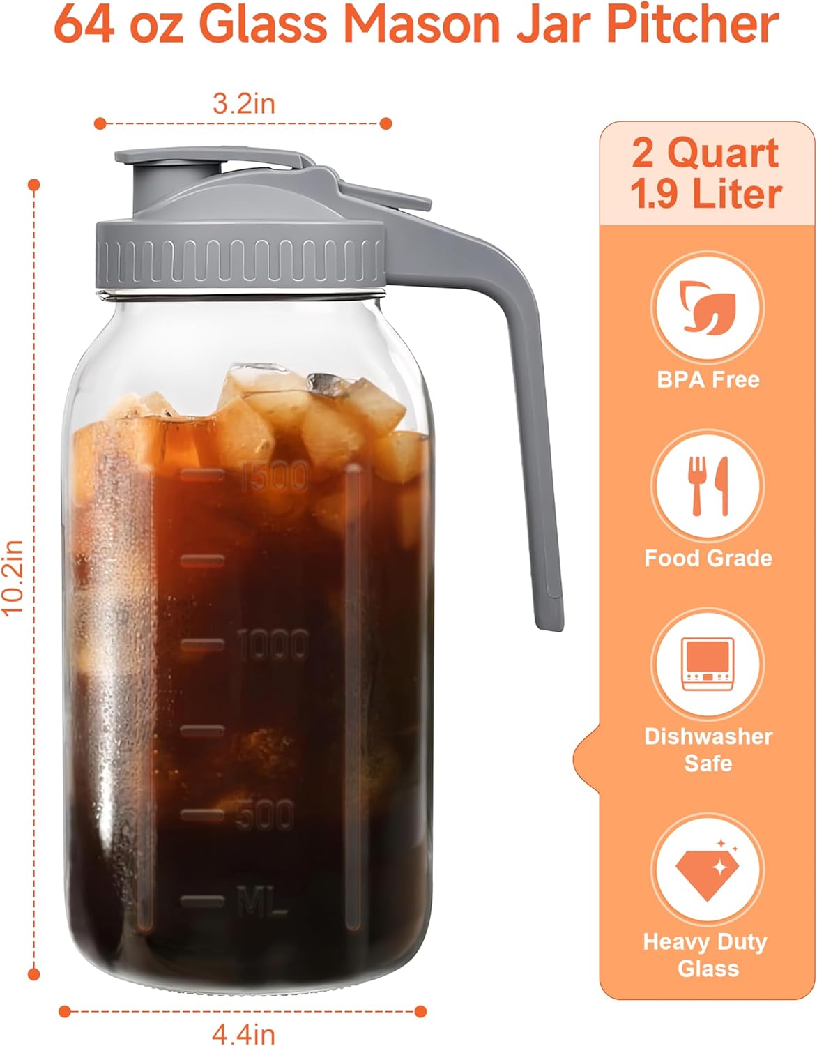 2 Quart Wide Mouth Glass Pitcher with Lid, 64oz Mason Jar Pitcher, Leak-proof Iced Tea Pitcher,Heavy Duty Container for Fridge Sweet Tea,Juice,Cold Brew Coffee,Breastmilk Storage Drinks-1PACK/Green