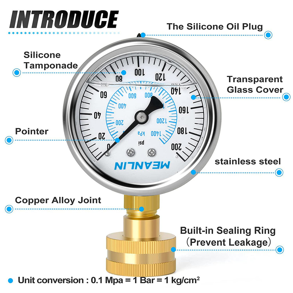 MEANLIN MEASURE 0~200Psi Stainless Steel Frame 3/4" Female 2.5" FACE DIAL Liquid Filled Pressure Gauge WOG Water Oil Air Water Pressure Test Table with Sealing Ring