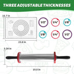 Rolling Pins,Rolling Pin and Silicone Baking Pastry Mat Set,Rolling Pins,Adjustable Stainless Steel Rolling Pin with Thickness Rings for Baking Dough,Pizza,Pie,Pasta(Black Mat)