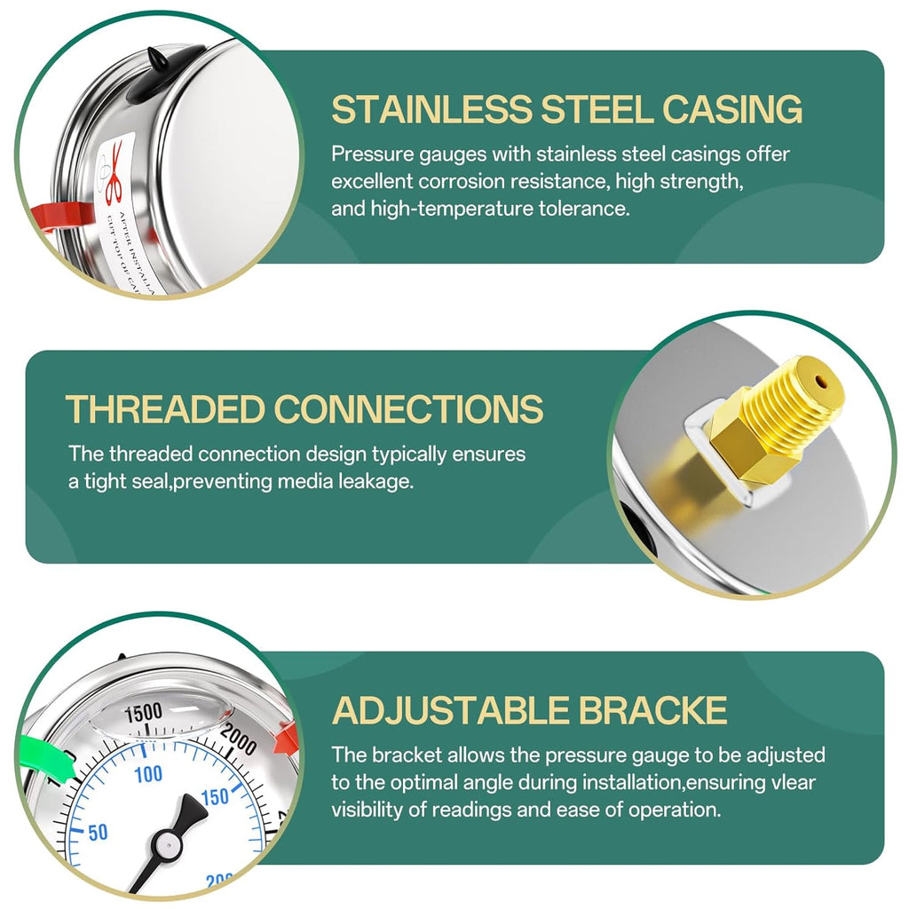 0-3000psi Stainless Steel Glycerin Liquid Filled Pressure Gauge 1/4" NPT 2.5" Face Dial Center Back Mount, for Water, Oil and Air Pressure Testing (with Range Mark Pointer)