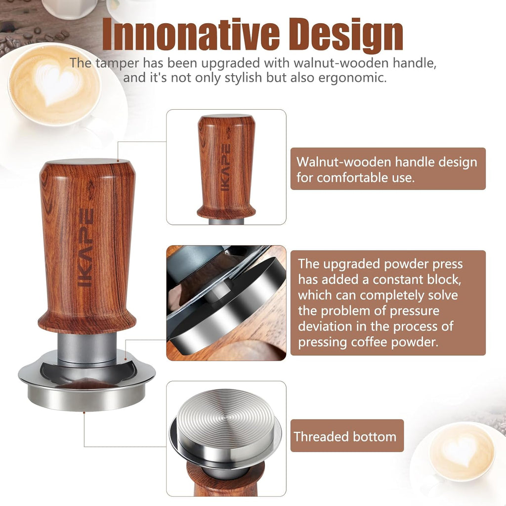 IKAPE 51mm Espresso Coffee Tamper, Spring-loaded Calibrated Tamper with Premium Stainless Steel, Walnut Wooden-Handle Tamper Compatible with All 51mm Espresso Machine Bottomless Portafilter
