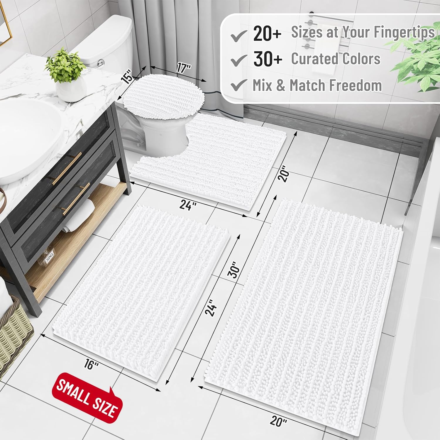 Arotive Luxury Chenille Bathroom Rug Mat, Extra Soft Thick Absorbent Shaggy Bath Rugs, Non-Slip Machine Wash Dry, Plush Bath Mats for Bathroom, Shower and Tub, 40x24, White