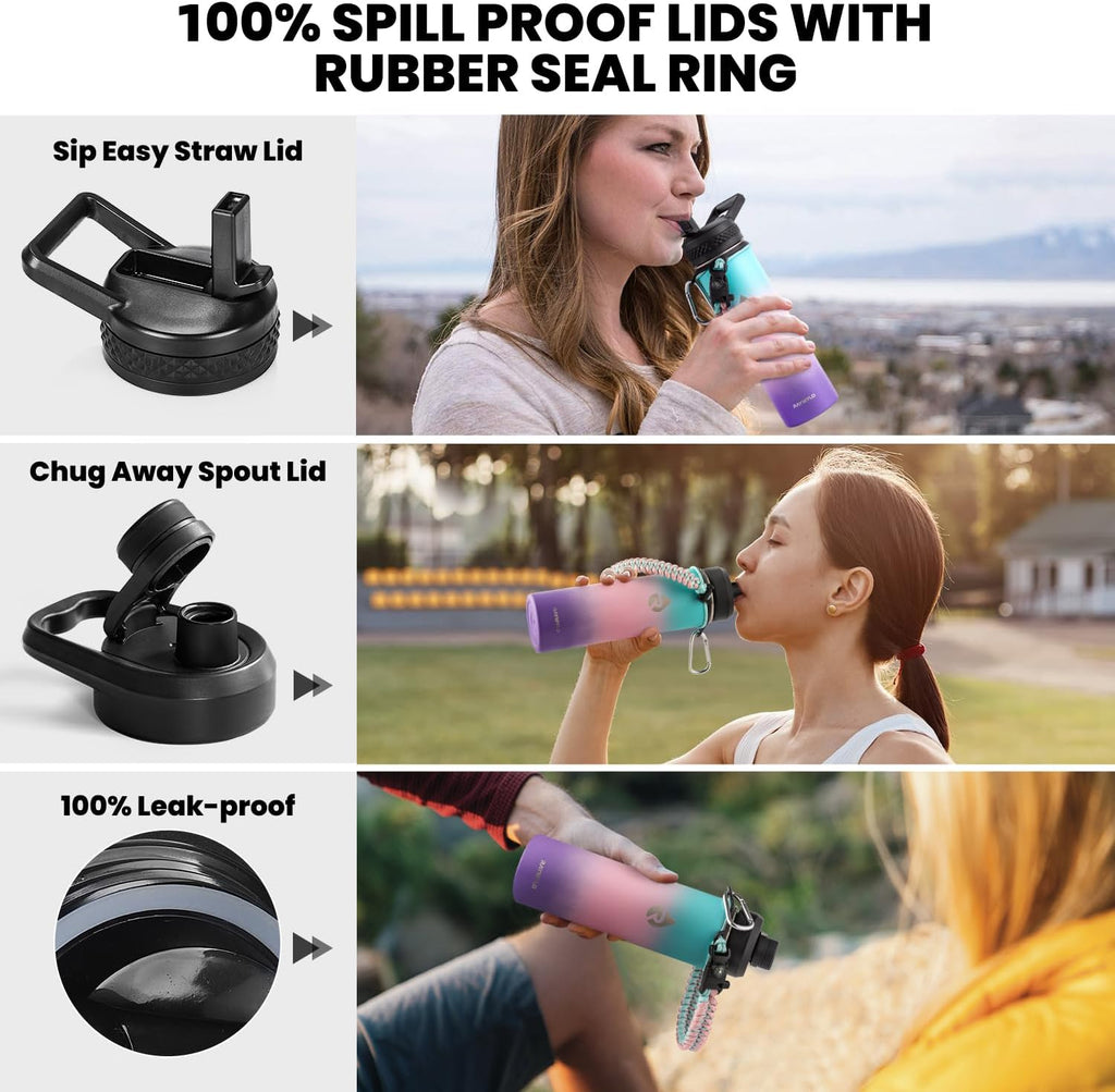 Insulated Water Bottle 20 oz, Triple Wall Vacuum Stainless Steel (Cold for 48 Hrs), Leak Proof & Non-BPA, Kids Water Bottle Jug for School with Straw Spout Lids, Hydrangea