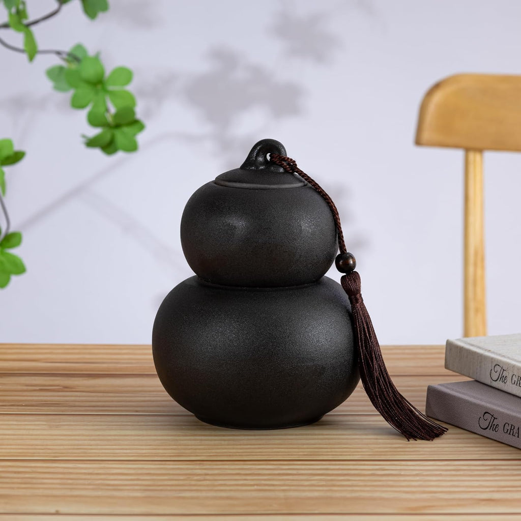 Ceramic Airtight Canister,22 Oz /660ml,Gourd Shap 2 Layers Tea Candy,Food Storage Jar for Coffee,Beans,Herb,Spices,Nuts -Stone Black