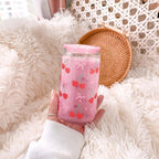 Cherry 16 Oz Can Glass Tumbler with Acrylic Lid and Straw - Iced Coffee Cups for Women, Aesthetic Glass Cup Gift for Birthday Christmas
