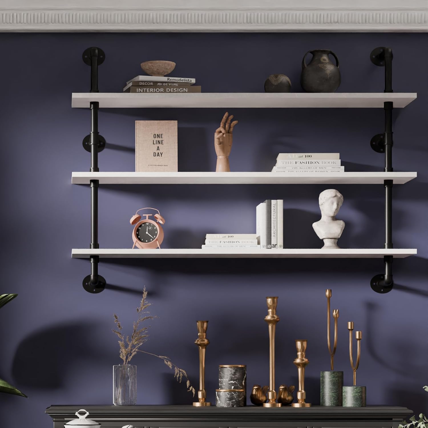 Industrial Pipe Shelving Rustic White Pipe Wall Shelves Industrial Shelves with Wood Planks Floating Shelves 48 Inch Farmhouse Bathroom,Kitchen Shelving Wall Mounted