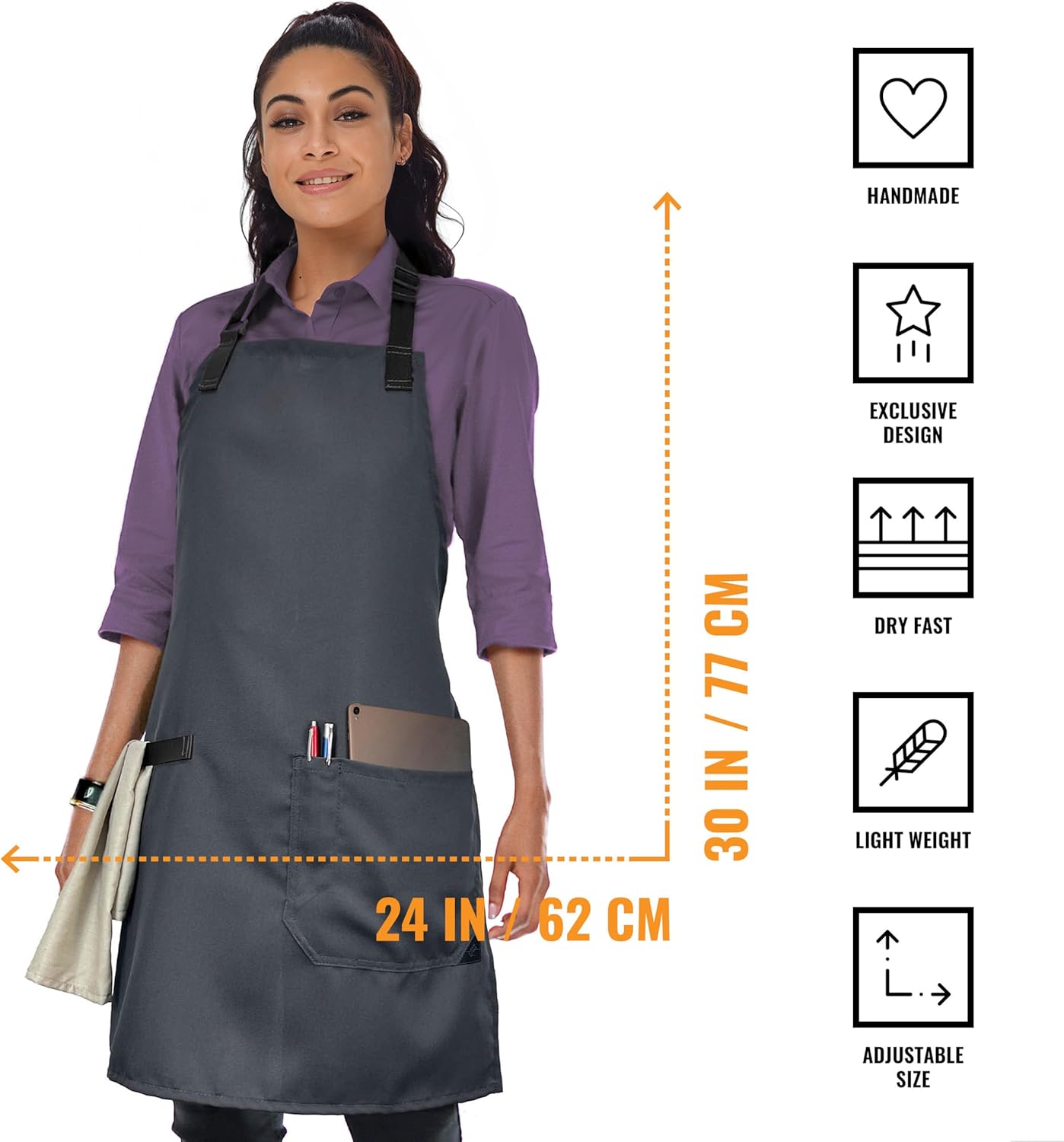 Under NY Sky Super Light Apron - Pocket, Towel Loop, Leather Reinforcement - Kitchen Bib Apron - Cook, Chef, Server, Barista