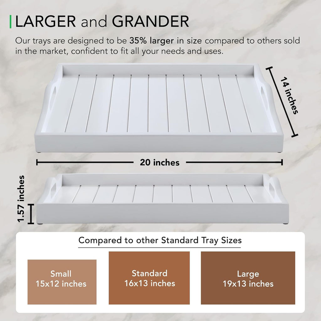 Large Wooden Serving Tray with Handles 20 x 14 inch Decorative Coffee Table Ottoman Tray for Living Room Extra Large for Kitchen Dinner Food Bar Breakfast in Bed (Color White)