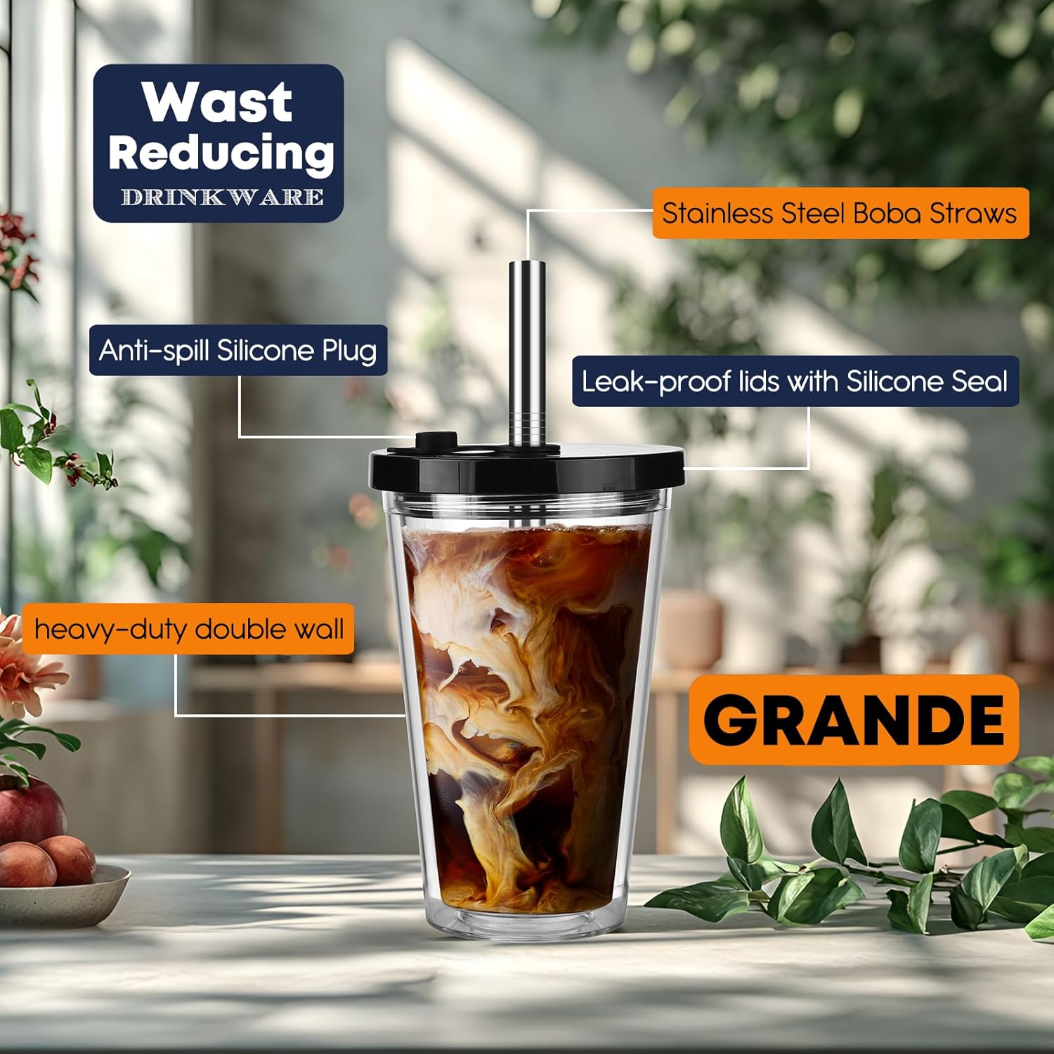 ALINK Reusable Iced Coffee Cup with Lid and Straw, 16 oz Grande Boba Tea Smoothie Cup, Leak Proof Double Wall Insulated Iced Coffee Tumbler for Hot Cold Drinks, Milkshaks, With 2 Boba Straws 1 Brush