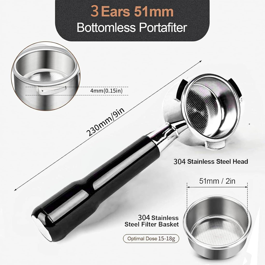 51mm Bottomless Portafilter Compatible for CASABREWS Espresso Machine CM5418, 3700 Series, Mr. Coffee Espresso and Cappuccino Machine, with Stainless Steel Double Shot Capacity Cup Filter Basket
